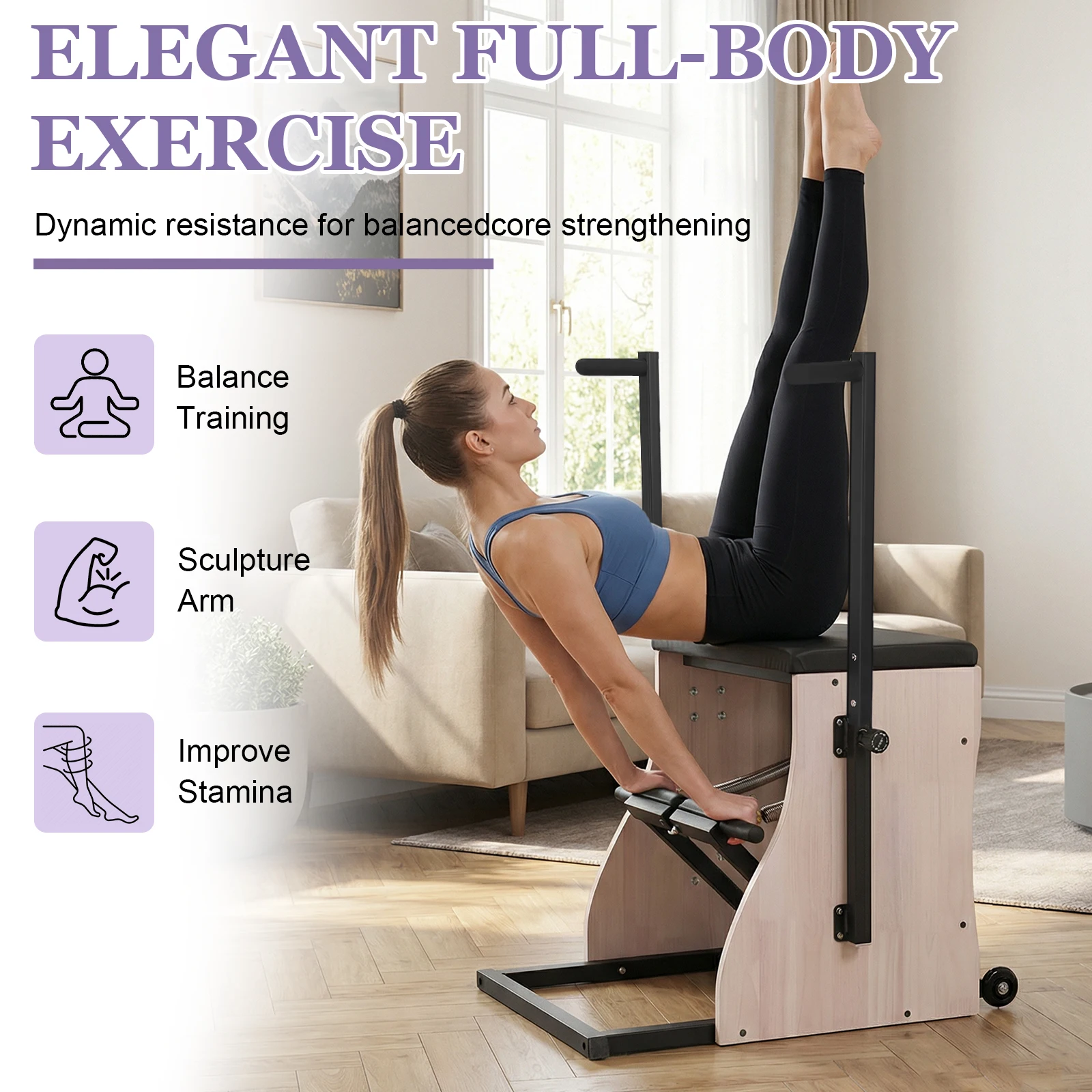 Oak Wood Pilates Chair Reformer Machine with Adjustable Resistance with Springs Split Pedal Handles for Home Use and Studio view 2