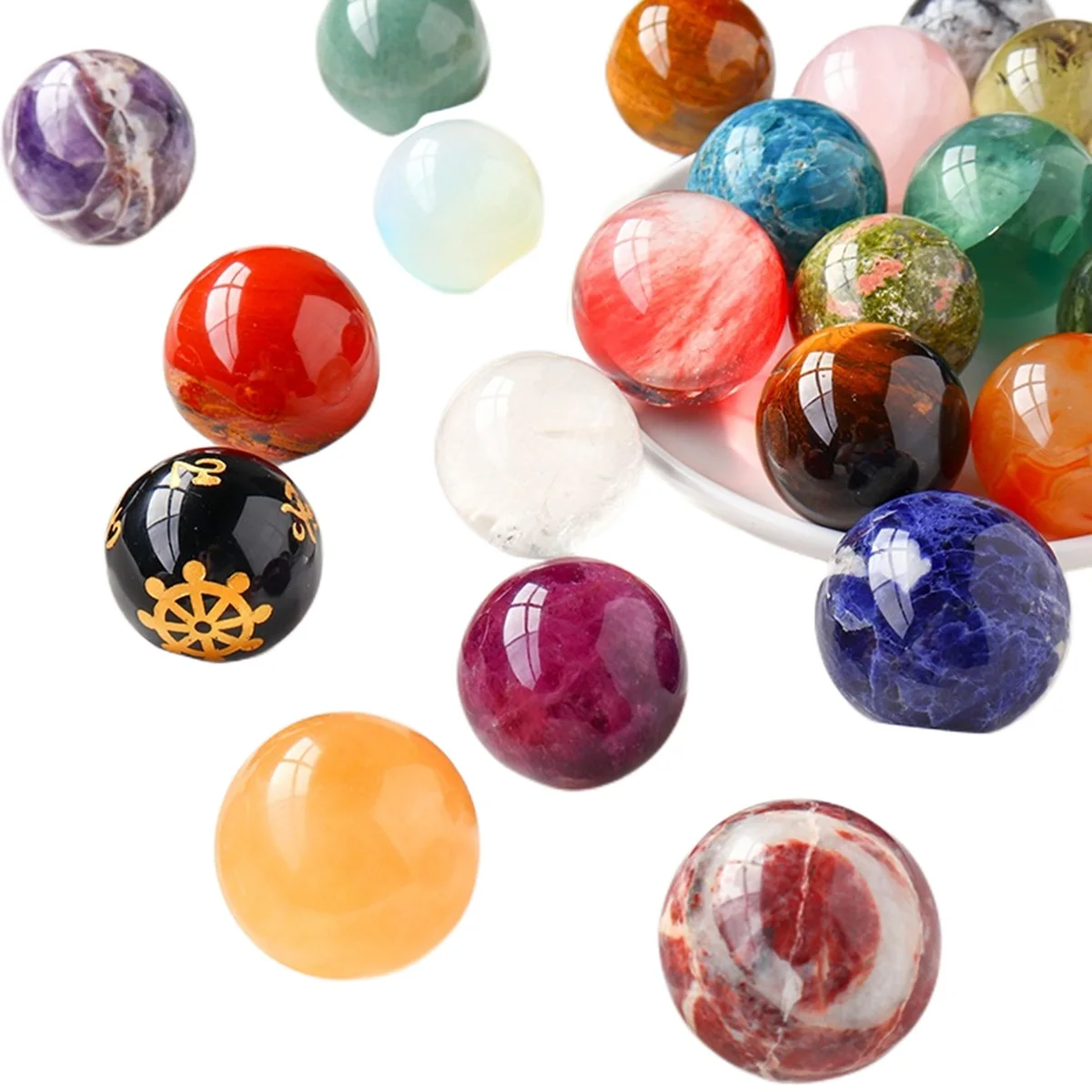 40MM Handmade Craved Gemstone Balls Sculpture Figurine for Feng Shui Decorative Health Ornament 1.5” Crystal Spheres Round Beads