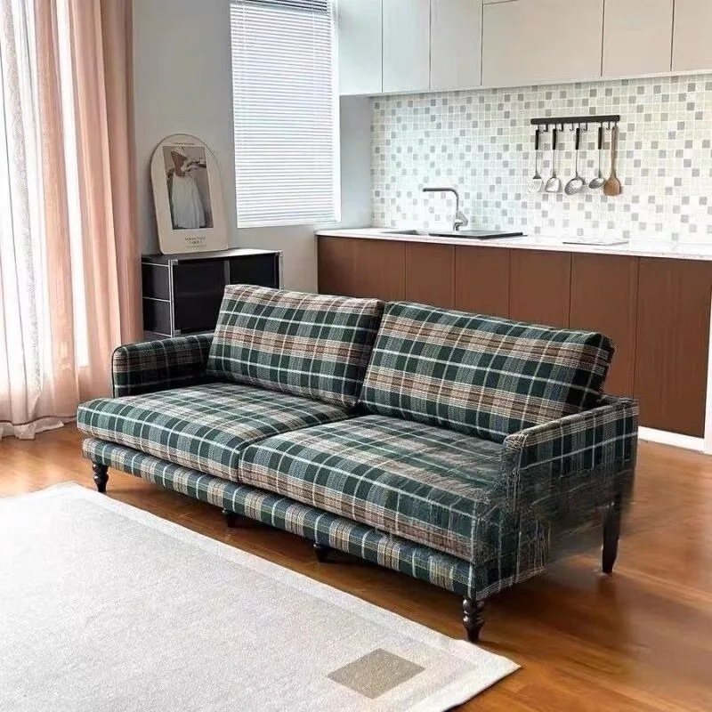 Pastoral American plaid fabric sofa, solid wood small apartment three-person sofa home light luxury retro designer