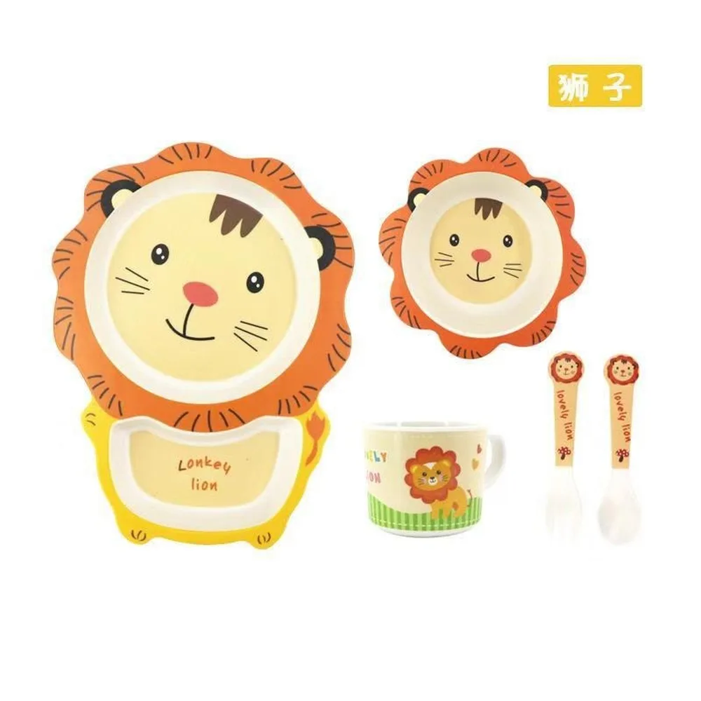 5 Pcs/set Cute Carton Animals Bamboo Fiber Kids Baby Children Solid Feeding Dinnerware Tableware Set Plate Bowl Cup Fork Spoon