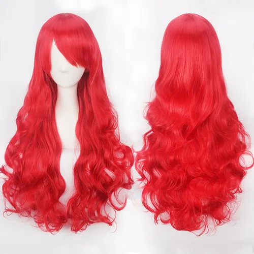 Imagen 2 del producto Peluca de anime Cosplay con flequillo inclinado, pelo largo y rizado rojo, diadema de onda grande, peluca de fibra sintética