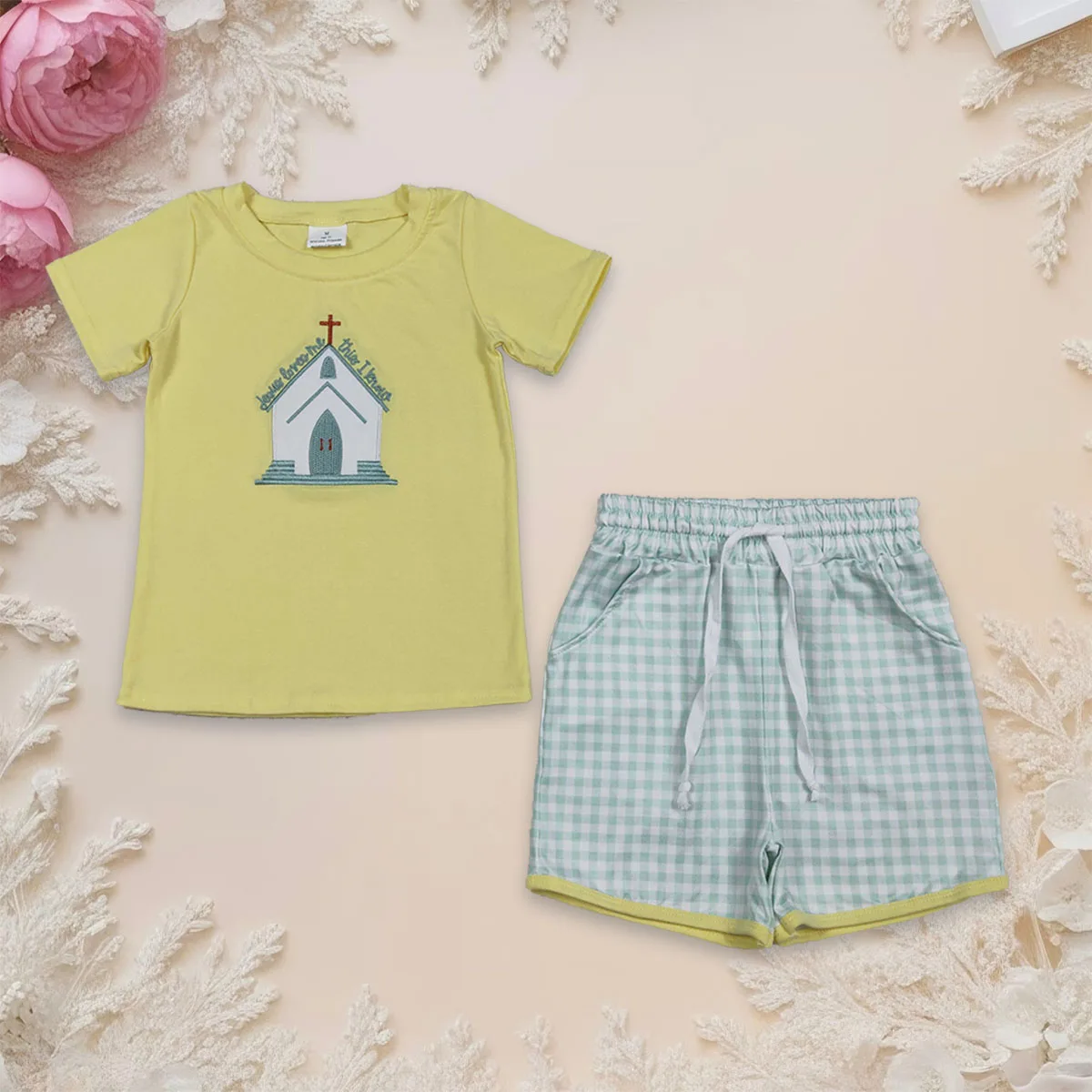 

Baby Boy Short Sleeve Embroidery Church Cross Top Clothes Kids Set Plaid Pockets Shorts Infant Toddler Outfits Children Clothing