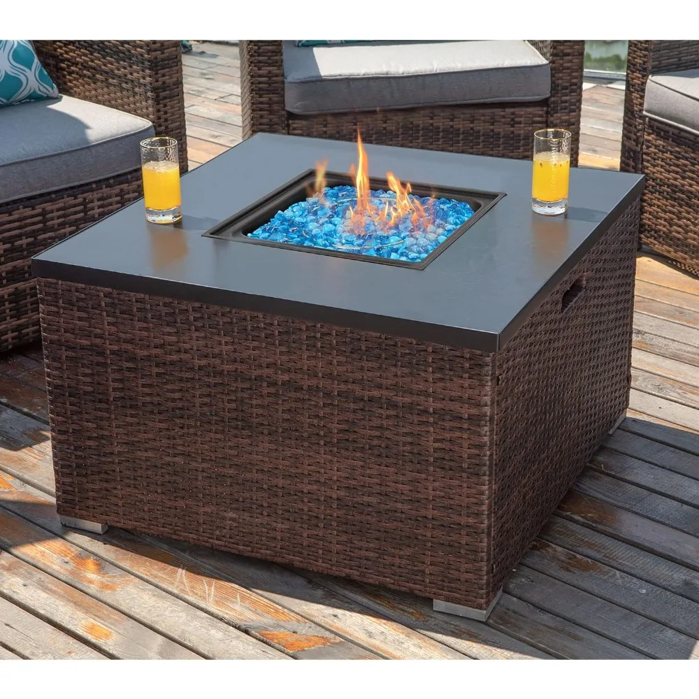 

32-inch Fire Pit Table, Stainless Steel Burner, Fits 20lb Tank Outside, Aqua Blue Fires Glass and Cover, Square Wicker Fire Pit