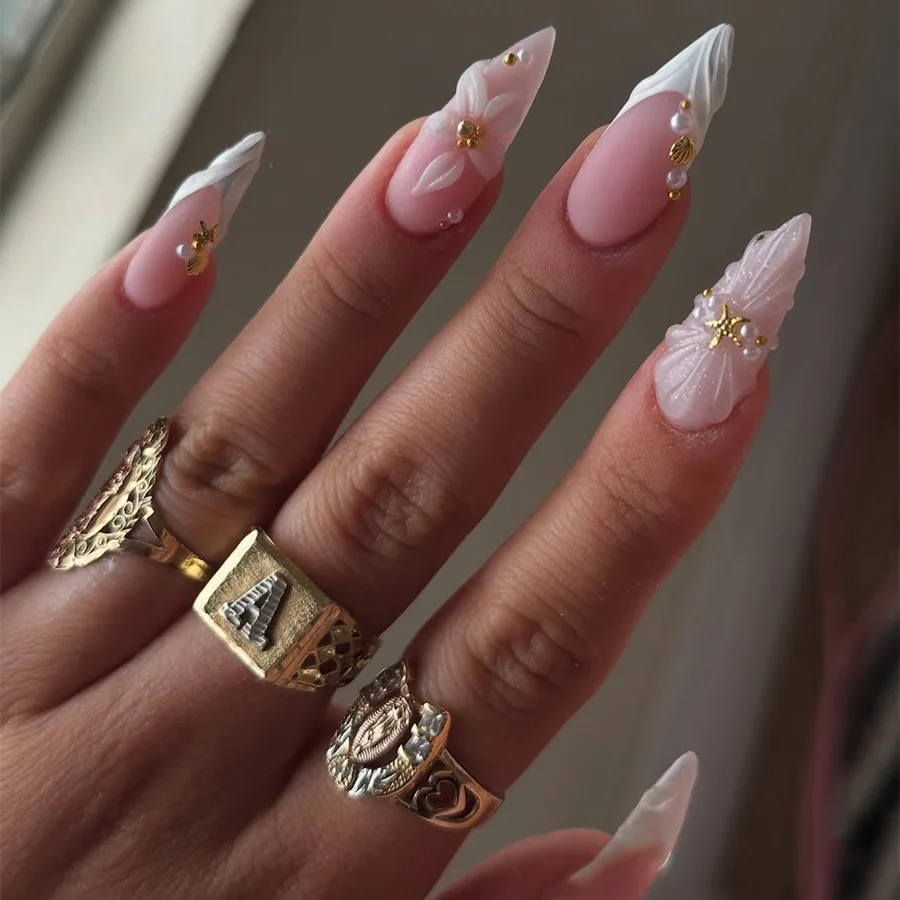24pcs Cute Flower Fake Nails Art Wearable Gradient Pink Long Almond False Nail Tips with Pearl Butterfly Design Press on Nails