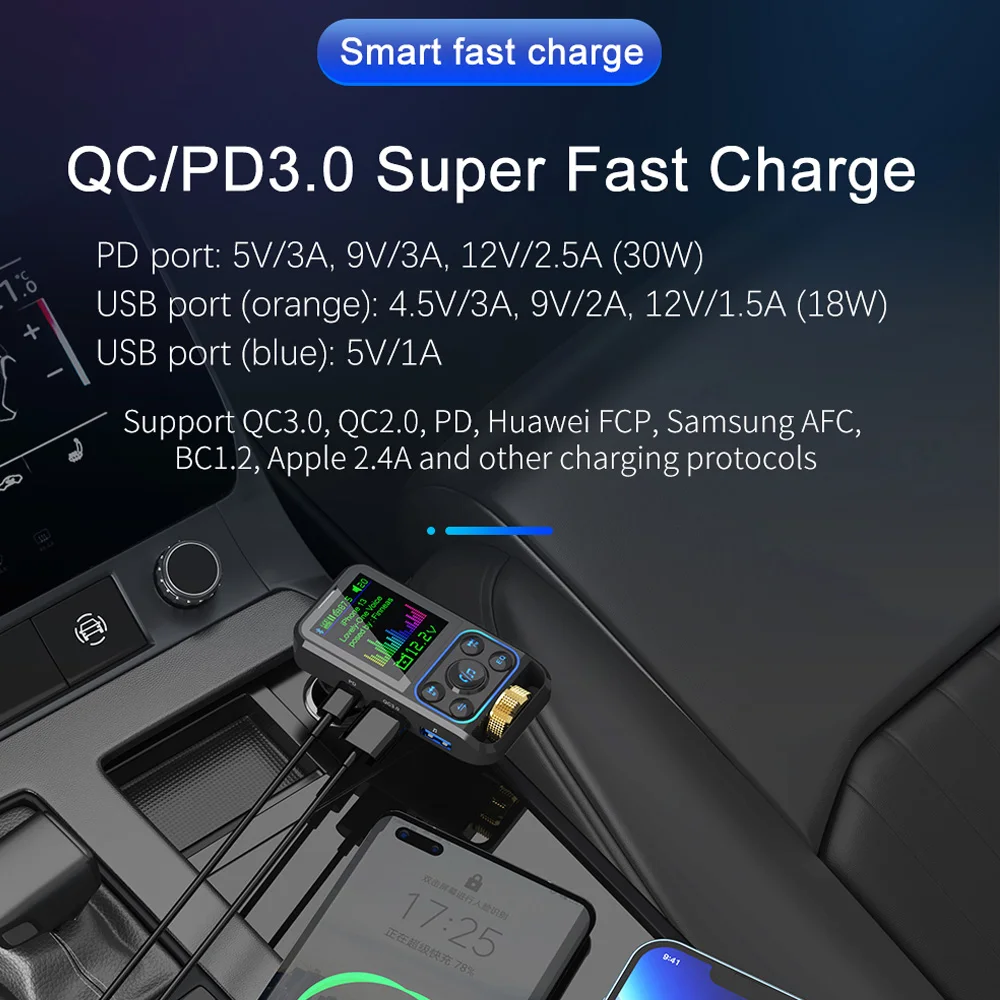 FM Transmitter Car Bluetooth 5.3 Handsfree AUX Audio Receiver QC3.0 PD 30W Fast Charging MP3 Player Modulator Wireless Display