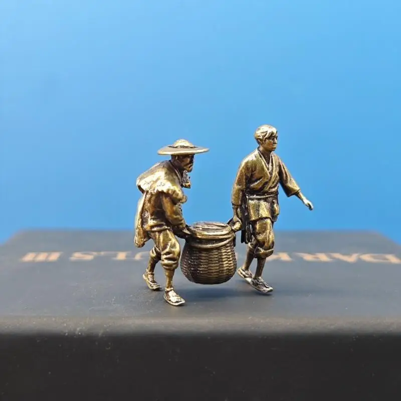 Brass Farmer Carrying A Bamboo Basket Miniature Landscape Figure Model Artificial Hill Ancient Style