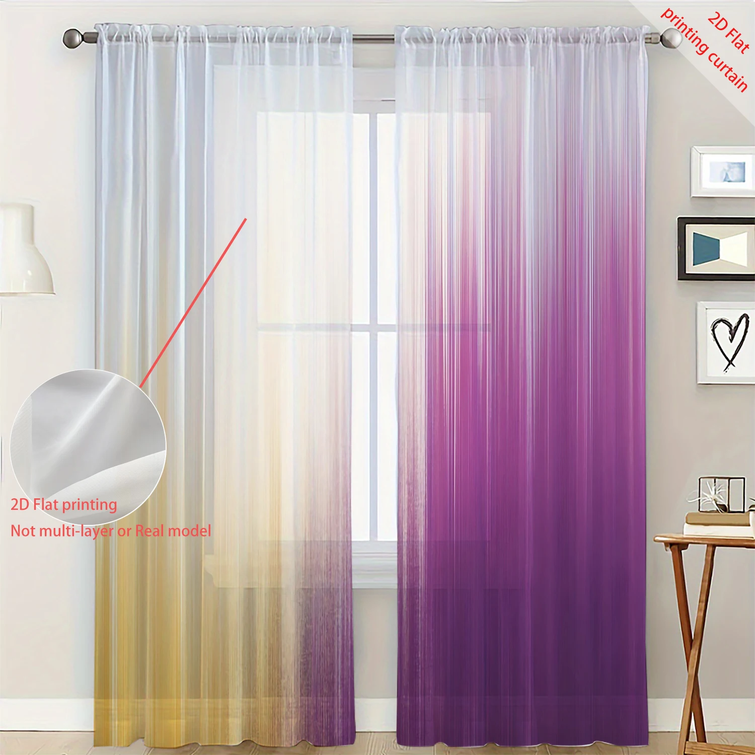 2 Pieces HD Digital Purple Gradient Geometry Printed Window Screen Home Decor Style Decoration Living Room Bedroom Rod