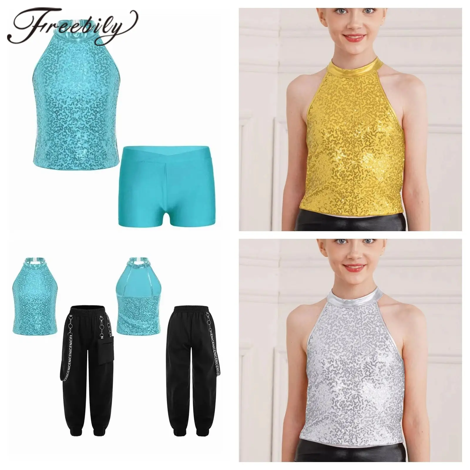 

Summer Kids Girls Sequin Outfits Halter Vest Streetwear Teens Dancewear for Cheerleading Jazz Dance Stage Performance Costumes
