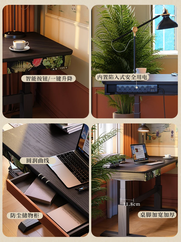 Electric lifting table French retro home solid wood desk antique computer study table workbench