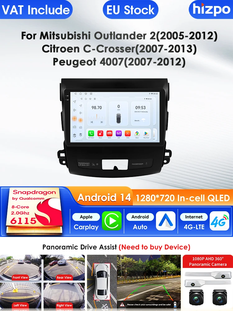 Hizpo Carplay AI Systems Android Car Radio for Mitsubishi Outlander Peugeot 4007 Citroen C-Crosser Multimedia Video Player GPS