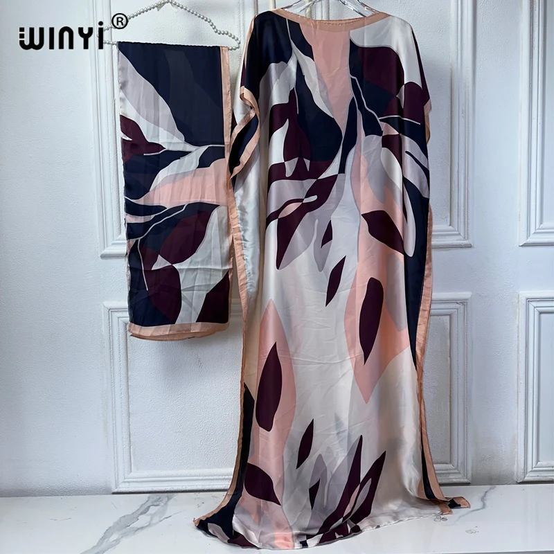 WINYI abaya women muslim sets dress african dubai abaya Crew Neck print Kaftan Elegant Maxi Length Dress,beach cover-ups