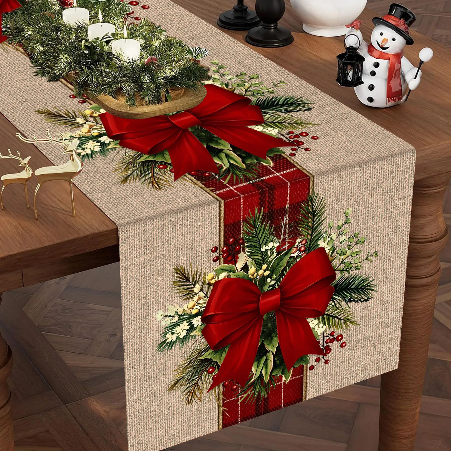 Rustic Christmas Burlap Table Runner Red Bow Plaid Pine Berry Xmas Holiday Dining Table Decor for Home Dinner Party