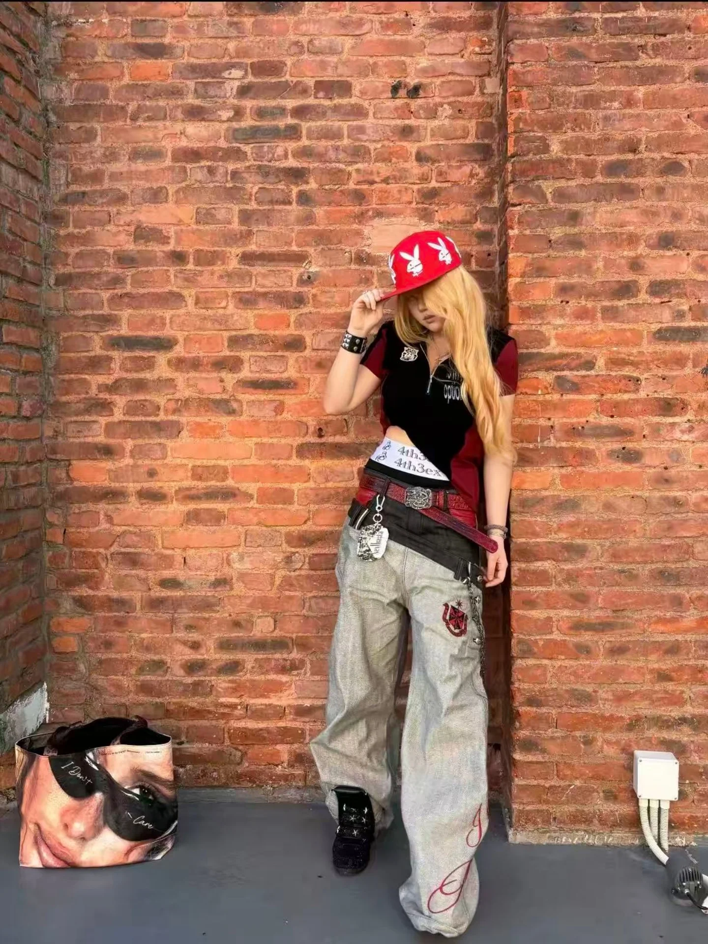 American Y2K Embroidered Double Waist Jeans Men's Vintage Rusted Grey Loose Wide Leg Floor-Length Subculture Long Trousers