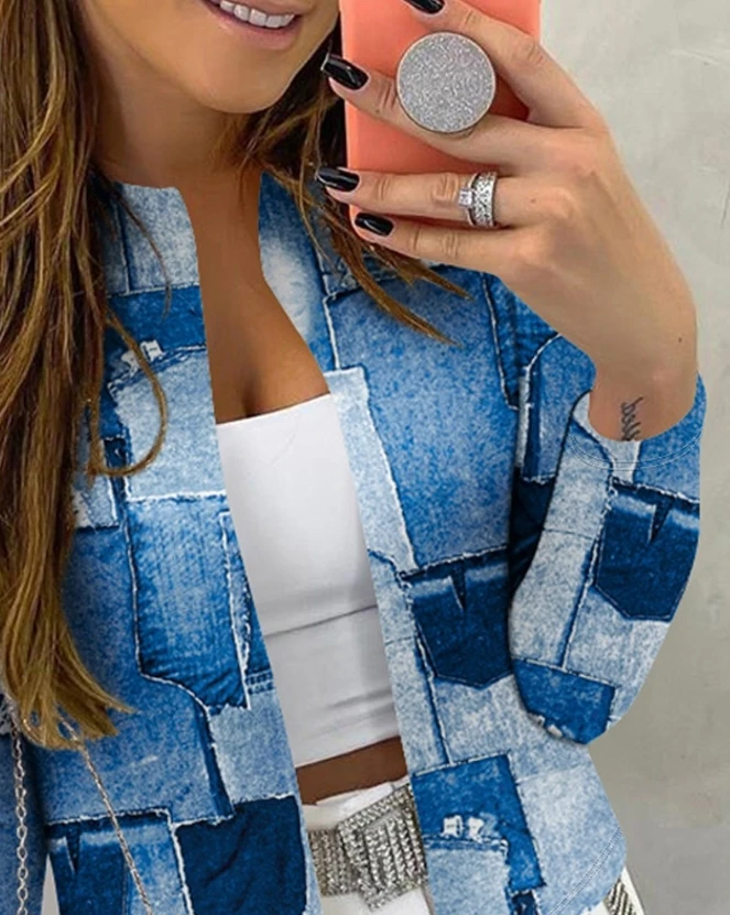 Denim Collage Design, Printed Bubble Sleeves, Cardigan Jacket, Spring and Autumn Short Style, Women's Casual Thin Cardigan