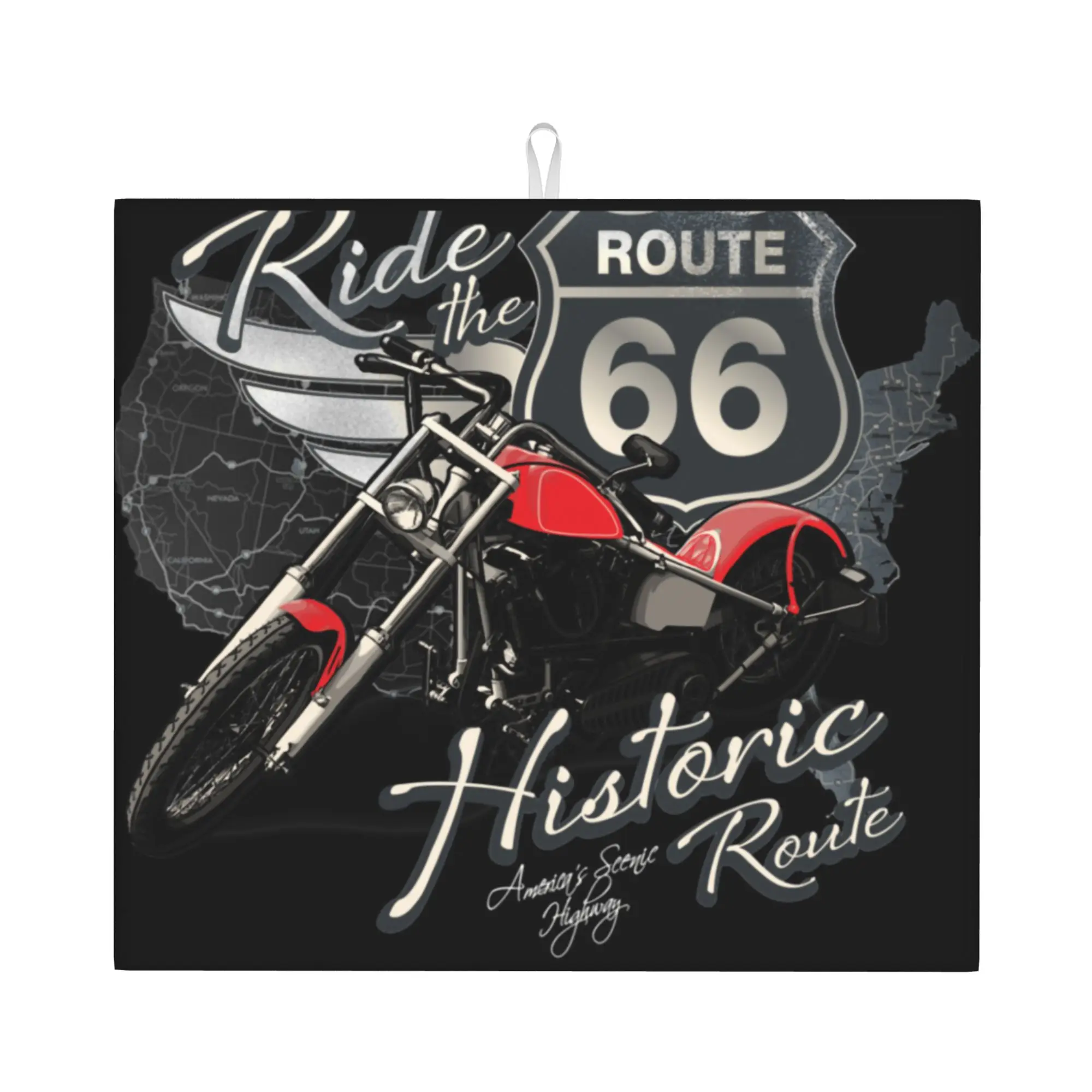 Route 66 Motorcycle Biker Drying Mat For Kitchen Waterproof Non‑Slip Oil Proof Reusable  Bathroom Countertop Protector Mat