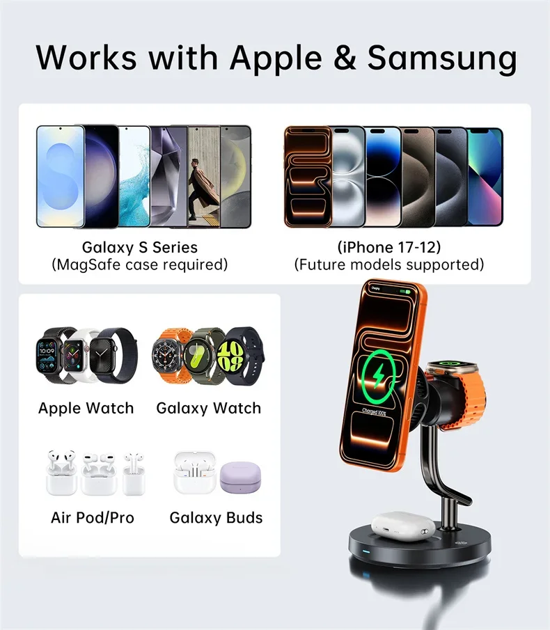 MagCold Qi2.2 25W Magnetic Wireless Charger Stand for iPhone Galaxy S25/S26 Fast Charging,Galaxy Watch AirPods Charging Station