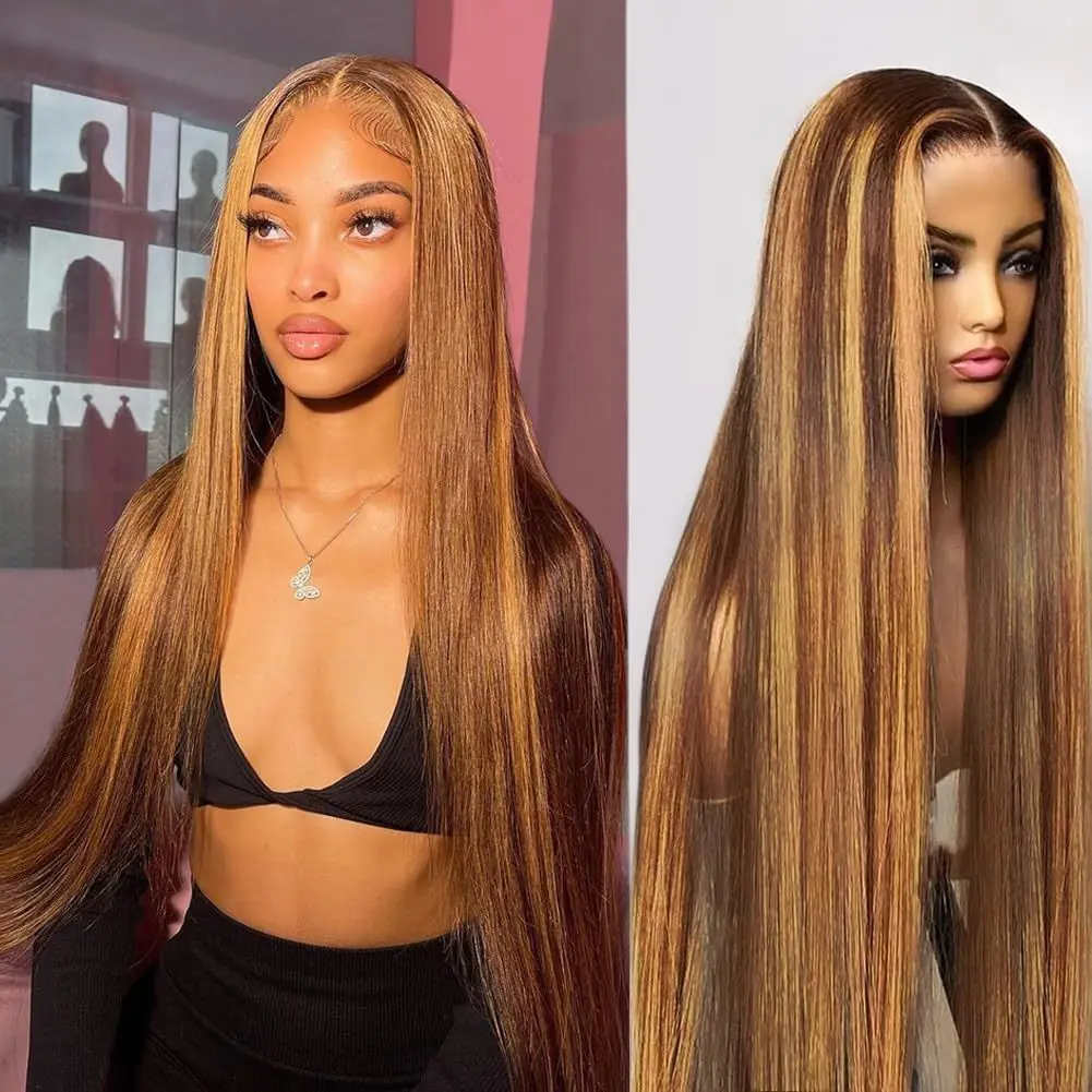 

30 Inch 4/27 Straight Lace Front Wig Human Hair 200 Density 13x6 HD Transparent Honey Blonde Lace Front Wig Human Hair