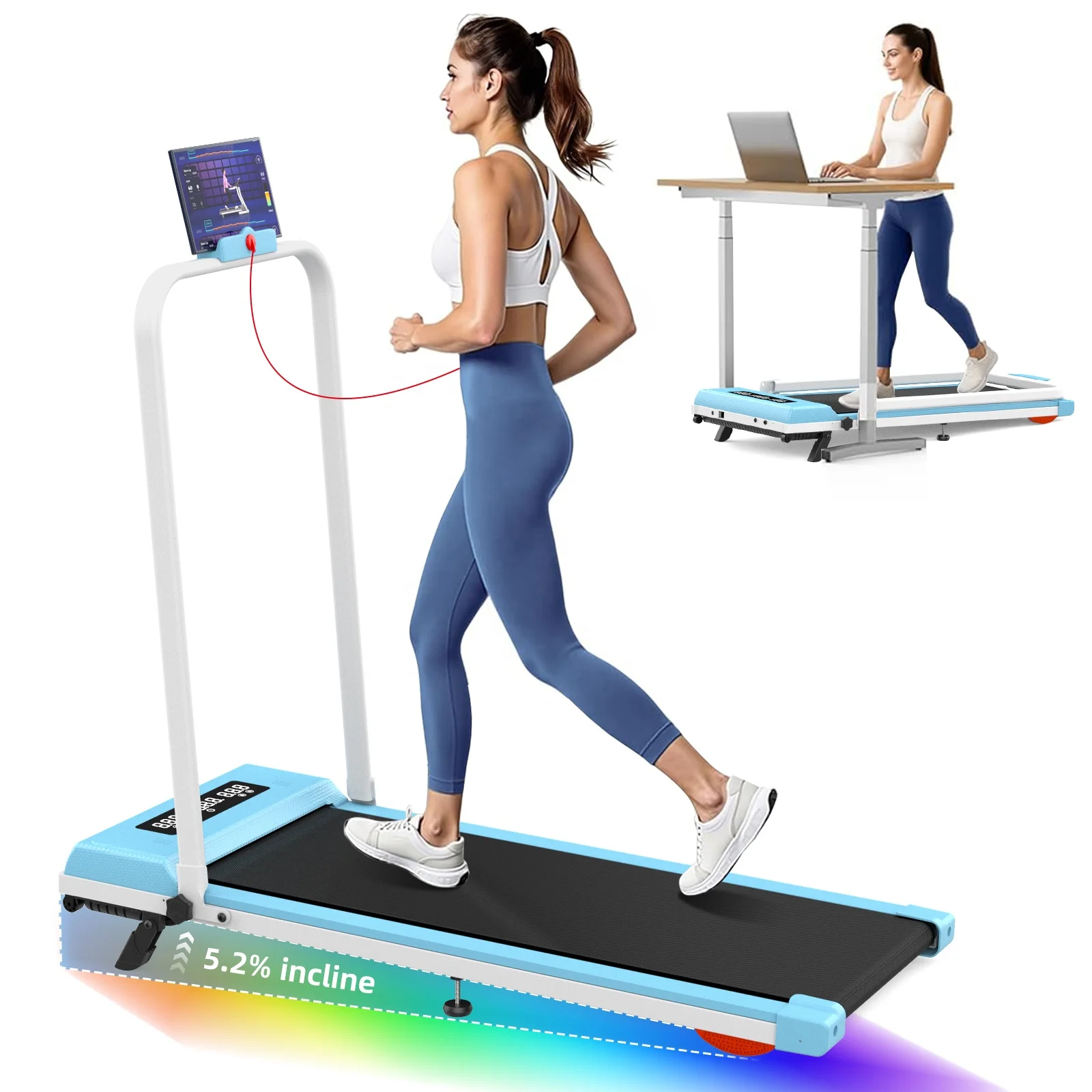 Electric Foldable Under Desk Treadmill Portable Walking Pad with Manual Incline Safety Lock LED Display Home Office Workout