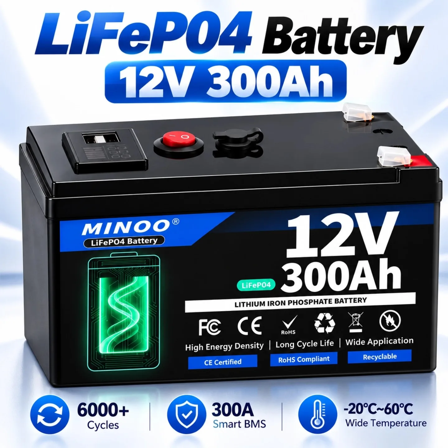 LiFePO4 12V 300AH 12V 200AH Battery Free Charger 12V Lithium Battery Built-In 300A BMS 6000+ Cycle For Solar RV Marine Energy