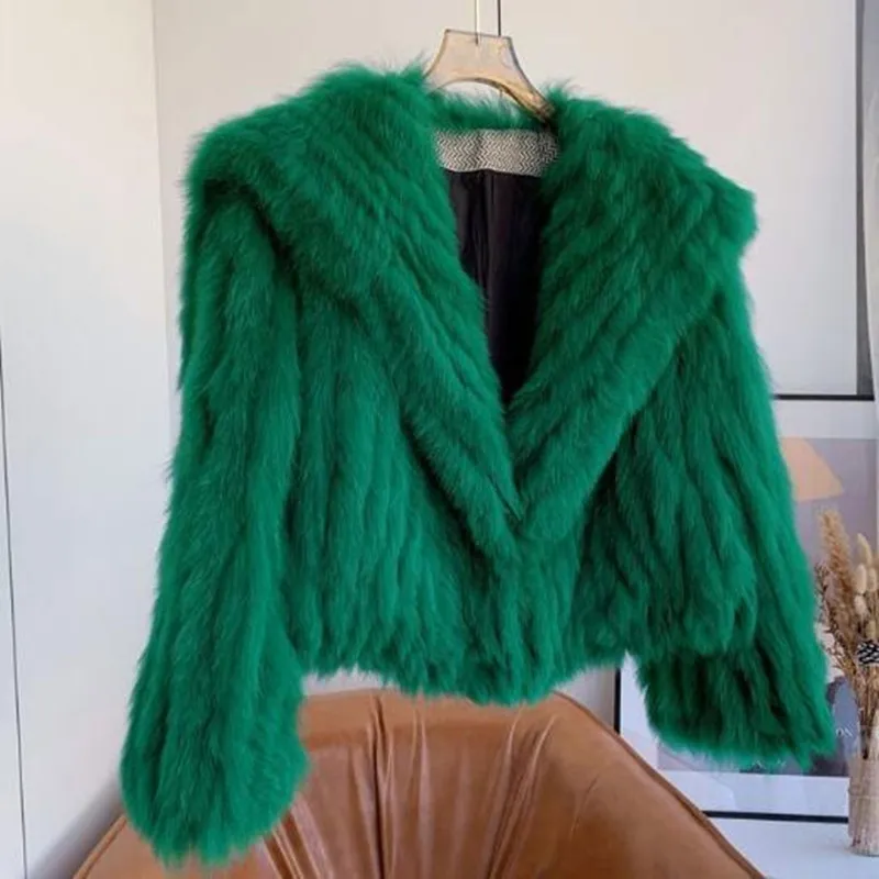 Imitation fur short coat woven Rex rabbit fur green long hair lapel winter coat