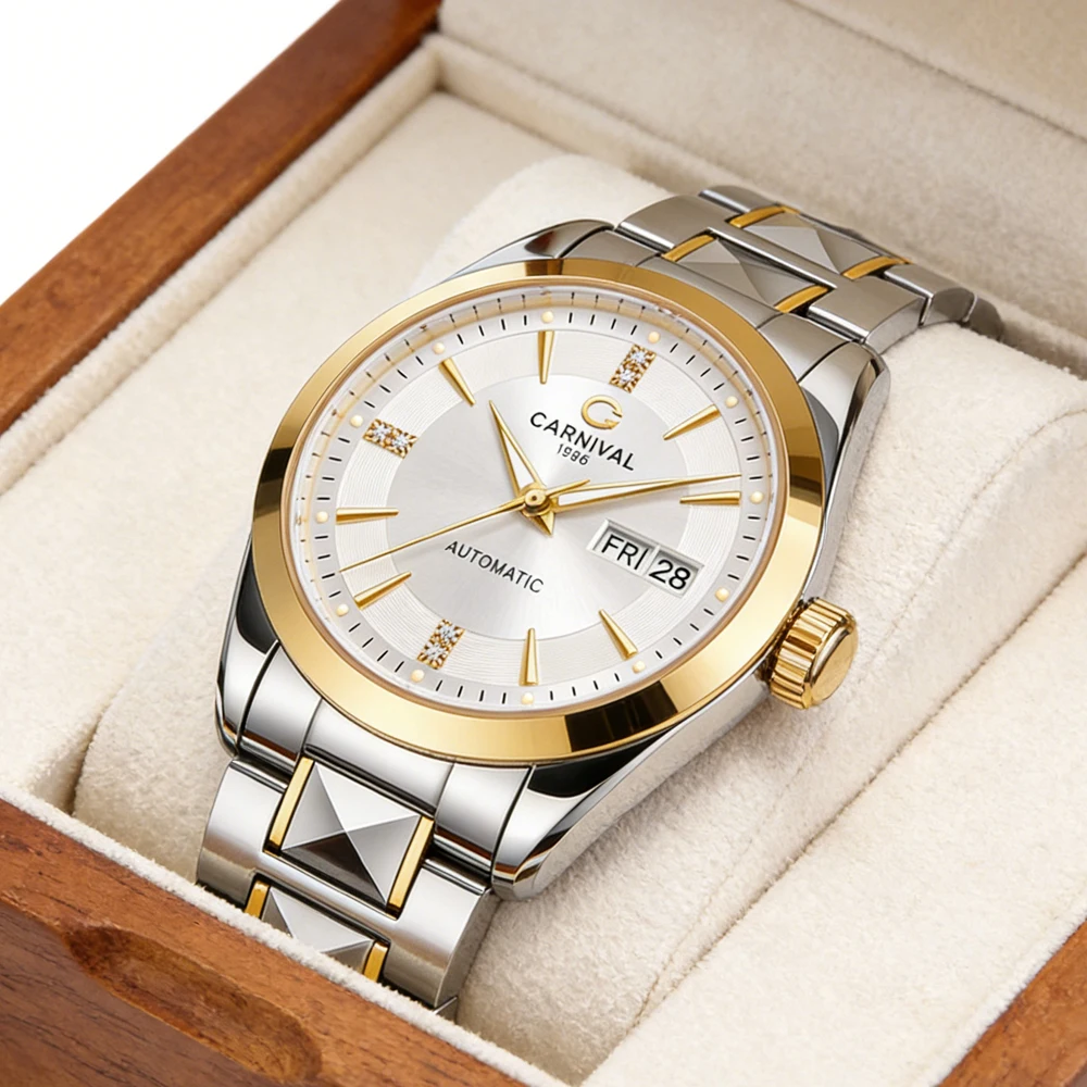 Carnival Brand High End Series Luxury Imported Mechanical Watch Men Tungsten Steel Strap 50M Waterproof Week Date Watches Mens