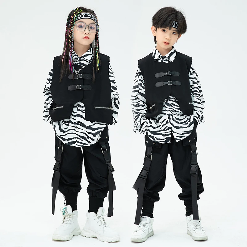 Moderne Hip Hop Dance Kleding Voor Tieners Kids Zwart Vest Cargo Broek Lange Mouwen Street Dance Pak Meisjes Jongens Kostuum BL9304