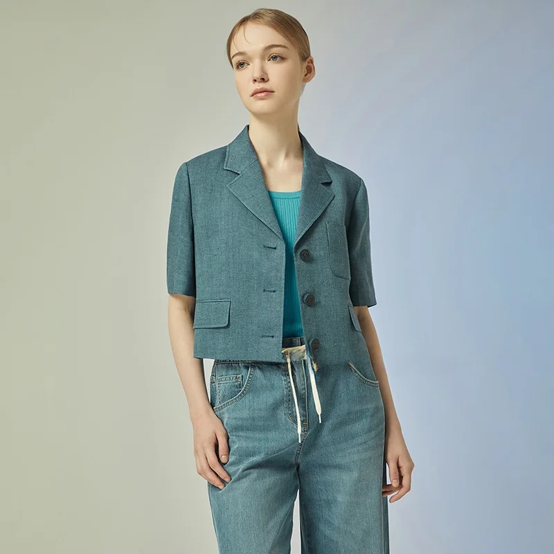 

Busy Fruit Commute Sle Slim Fit ort Sve Suit Jaet Casual Versatile irt Coat Button Detail Pleated Design Summer 2023