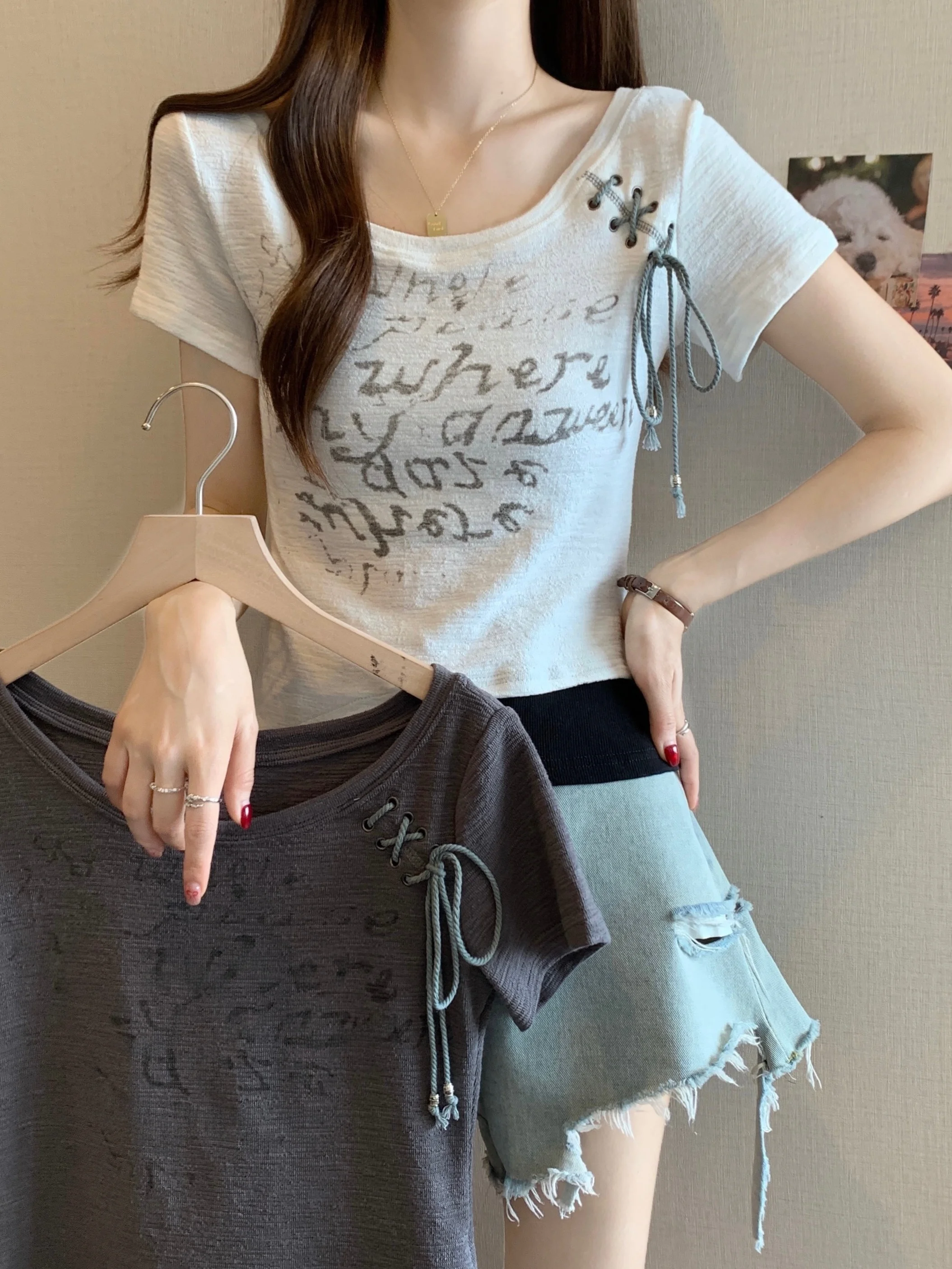 

plus Size Fashionable Splice T-Shirt Slimming Elegant Summer New Design Fake Two-Piece Top for Women Breathable Short Sleeve