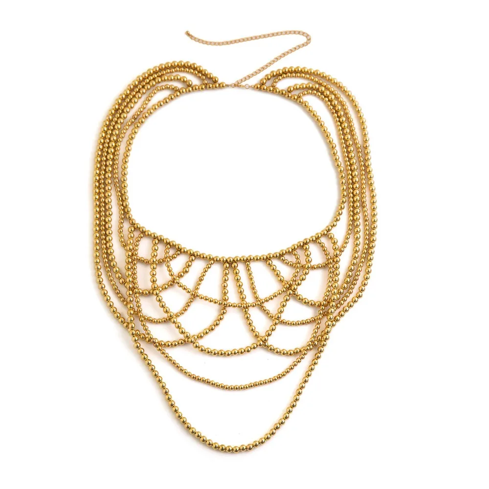 

Fashion Luxury Beaded Waist Chain Punk Pearl Shoulder chain Multilayer Hollow Out Women Body Chain Beach