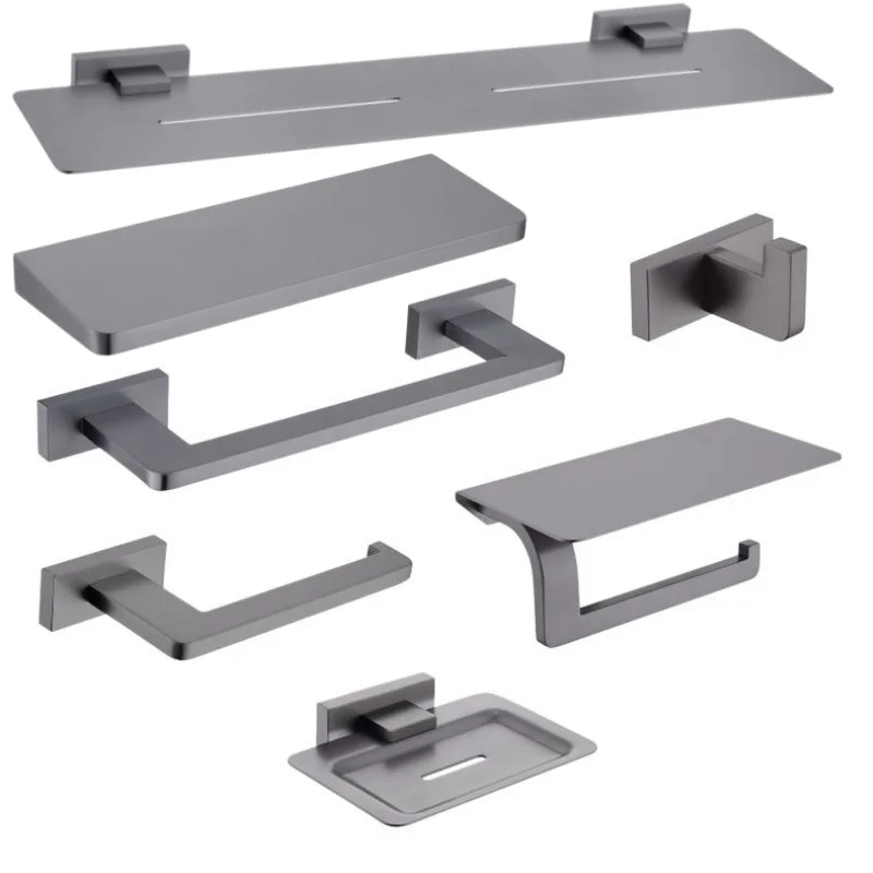 Gray 304 Stainless Steel Towel Rack Toilet Brush Holder Soap Dish Toothbrush Holder Towel Bar Hook Bathroom Hardware Set
