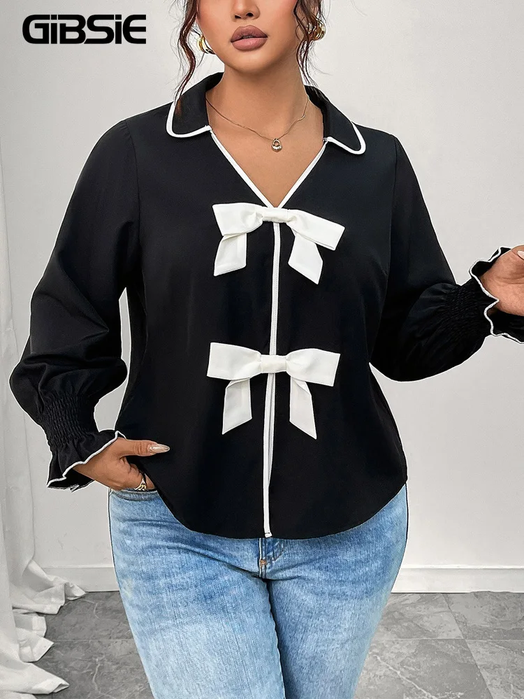 GIBSIE Plus Size Polo Collar Black Contrast Bow Top Blouse Women 2025 New Autumn Sweet Casual Long Sleeve Ladies Chic Blouses