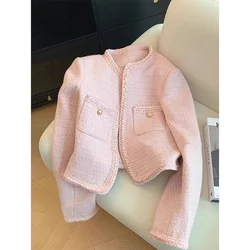 MEXZT Elegant Tweed Jacket Women Sweet Cropped Pink Coat Winter Korean Single Breasted Blazer Ladies Vintage Short Outerwear New