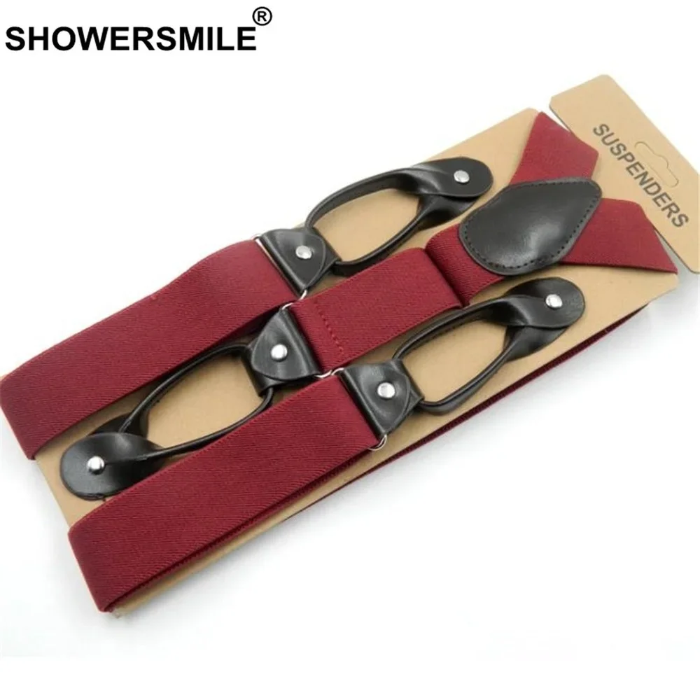 SHOWERSMILE Man Button Suspenders Wide Men Braces Elastic Pants Strap Belt for Trouser Solid Burgundy Brown 120cm High Quality