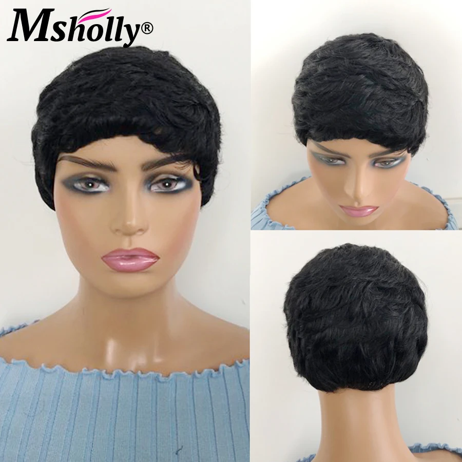 Water Wave Wigs Short Pixie Cut Human Hair Wig Full Machine Made Wig With Bangs Short Bob Cut Wig Preplucked Brazilian Hair Wigs