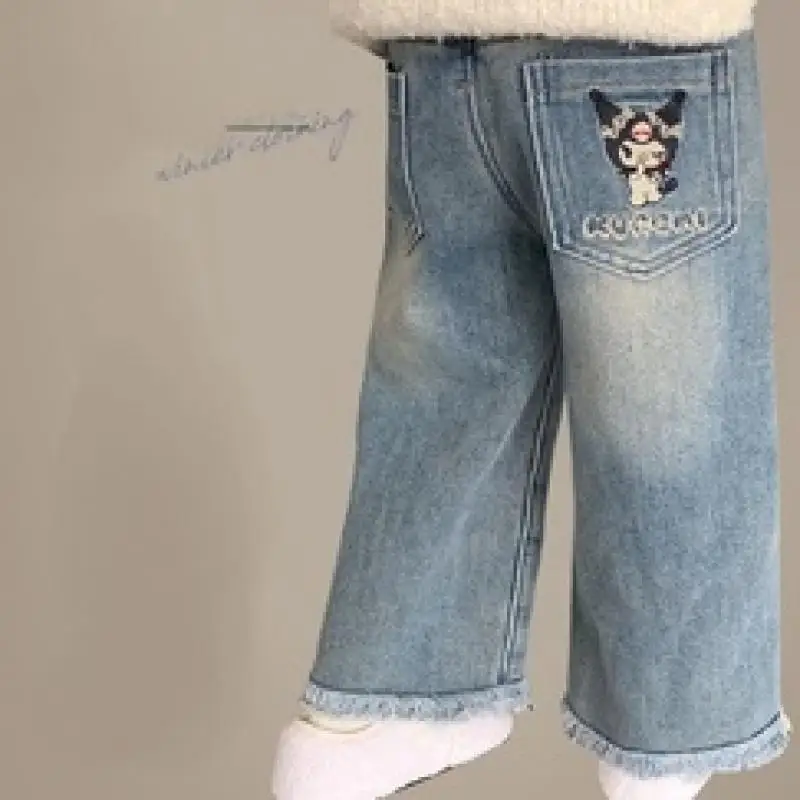 

Hot Jeans Sanrio Girl Kuromi Straight Pants Thickening Winter Style Hello Kitty My Melody Kawaii Children Trousers Cartoon Gift