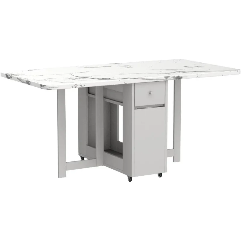 Table de Salle à Manger Pliante avec 1 et 2 Rangements, Axe, Extensible, Gain de Place, Table de Cuisine en 3 Formes (Blanc)