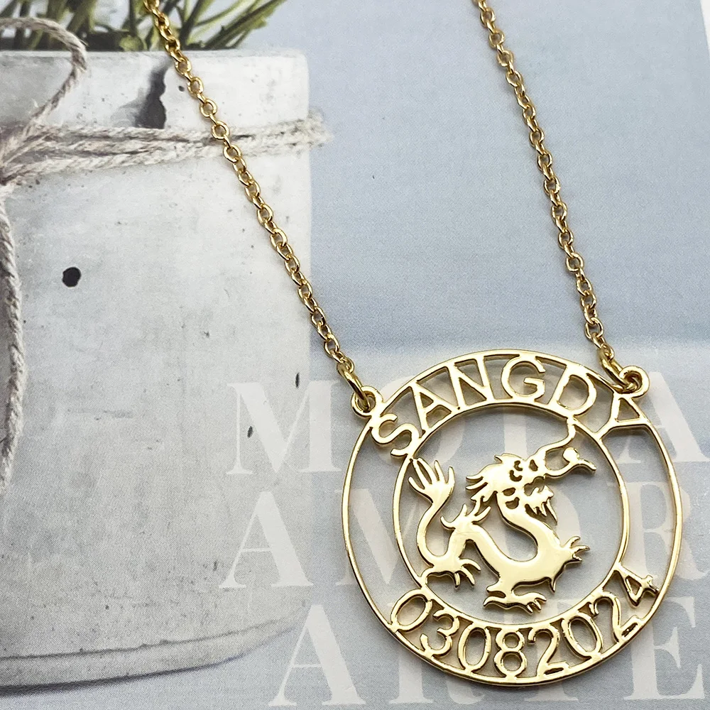 

Custom Chinese Style Zodiac Necklace Personalize Name Date Necklace For Women Stainless Steel Jewelry Anniversary Birthday Gifts