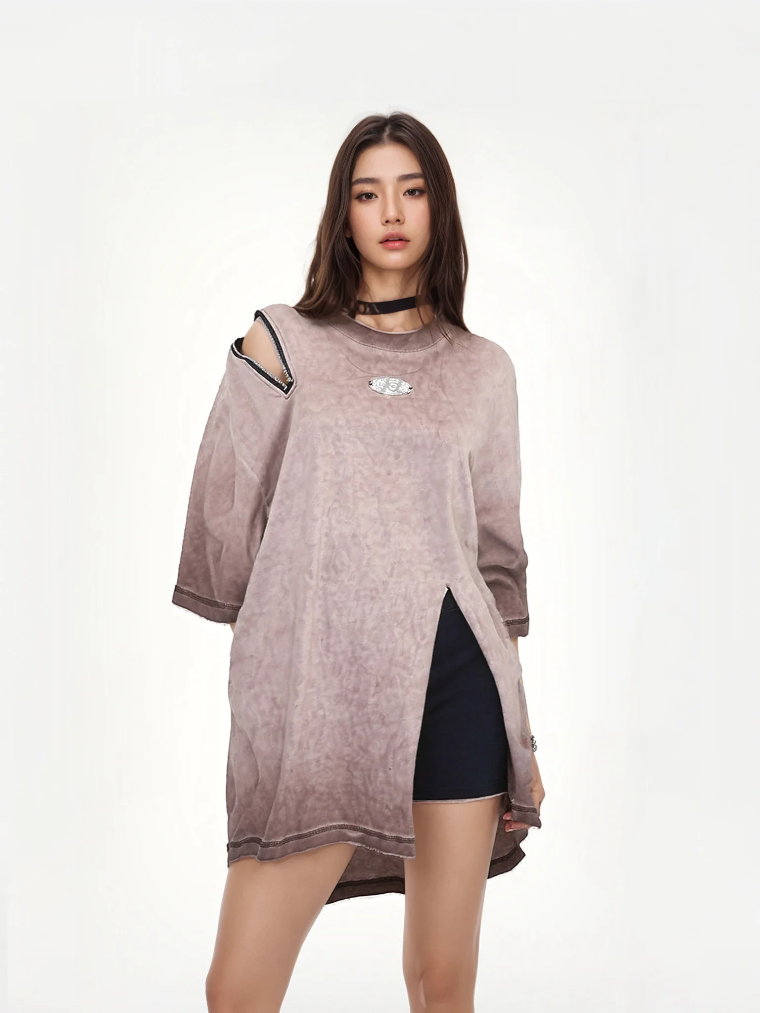 

Женская свободная футболка Waed, летняя новинка, с одним молнием на плече, кофейного цвета, прямого кроя, с охлаждающим эффектом, повседневная, стильная.