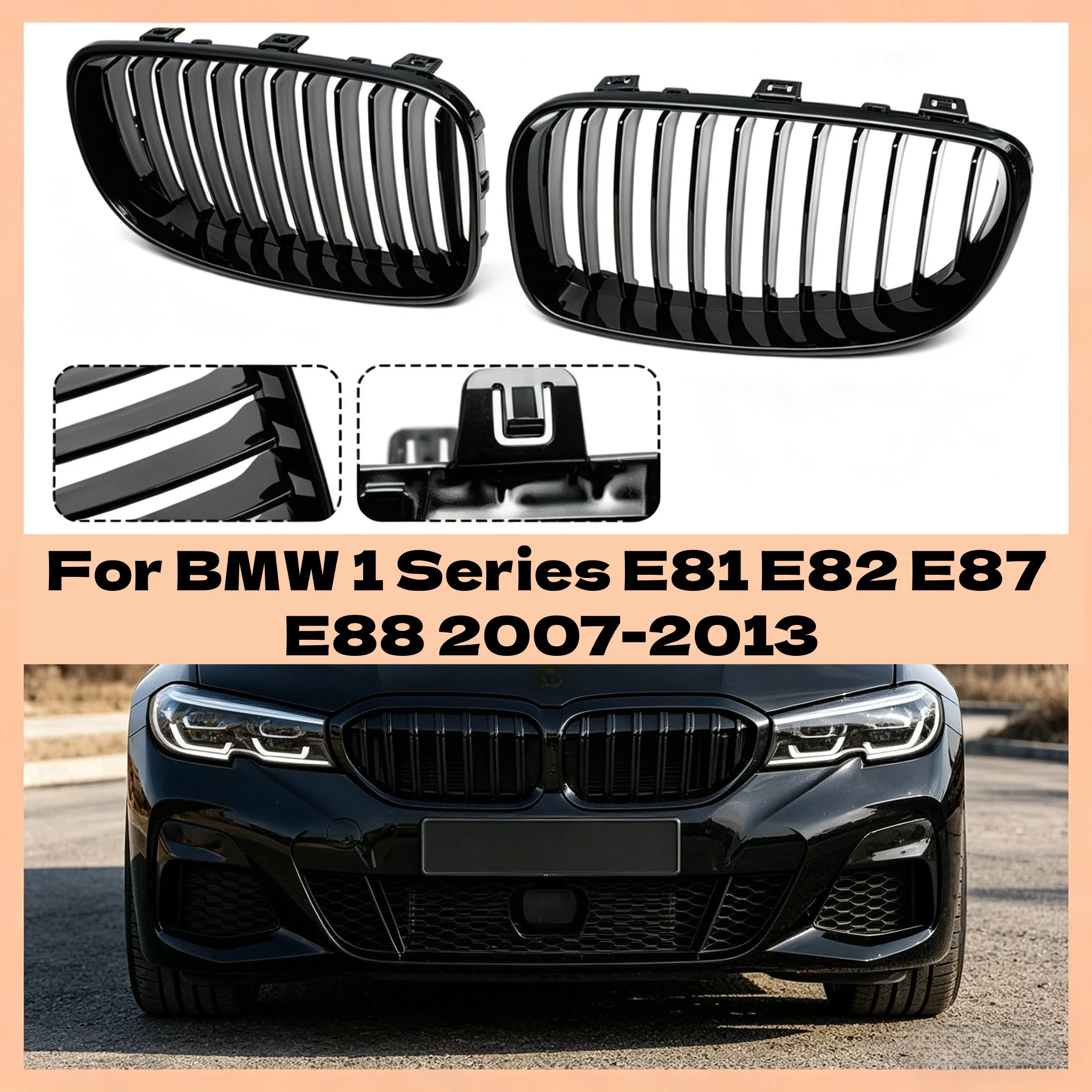 

For BMW 1 Series E81 E82 E87 E88 2007-2013 Pair Front Kidney Grilles Racing Bumper Grill 51137166439 Gloss Black