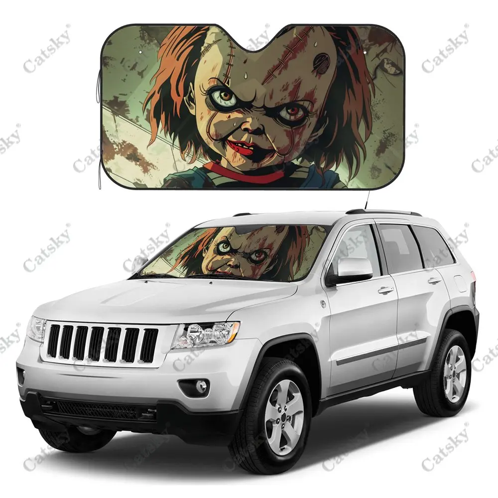 Scary Chucky Blood Print Car Windshield Sunshade, Auto Accessories Front Windshield Sun Visor Blocks Uv Rays Protect Decoration