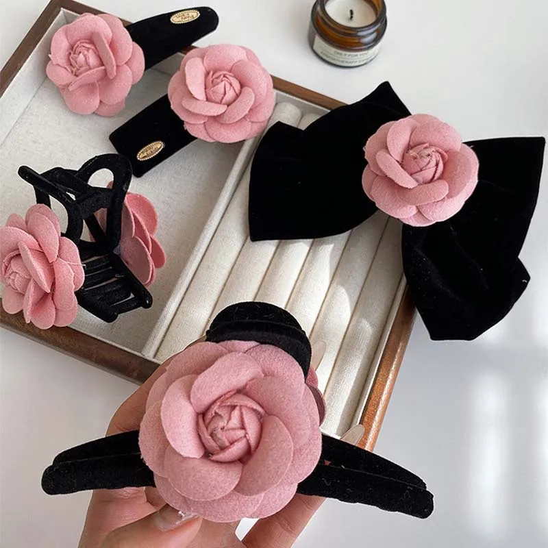 Korean Pink Velvet Camellia Hair Claw Hairpin for Women Vintage Elegant Flower Shape Shark Clip Headwear Hair Accessories