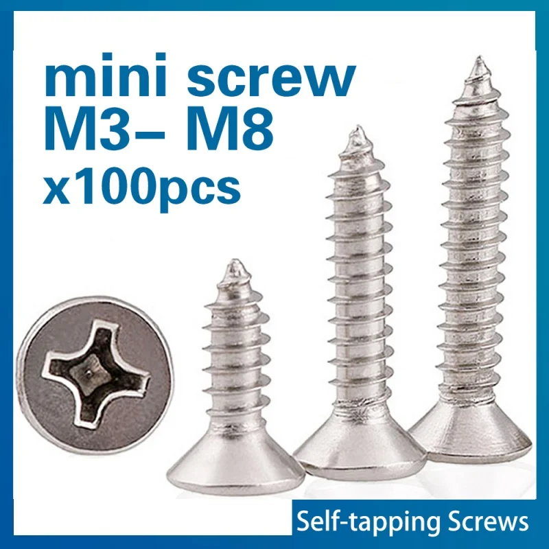 100pcs/lot  M1 M1.2 M1.4 M1.7 M2 M2.6  Mini 304 stainless steel Cross Phillips Flat Countersunk Head Self-tapping Wood Screw
