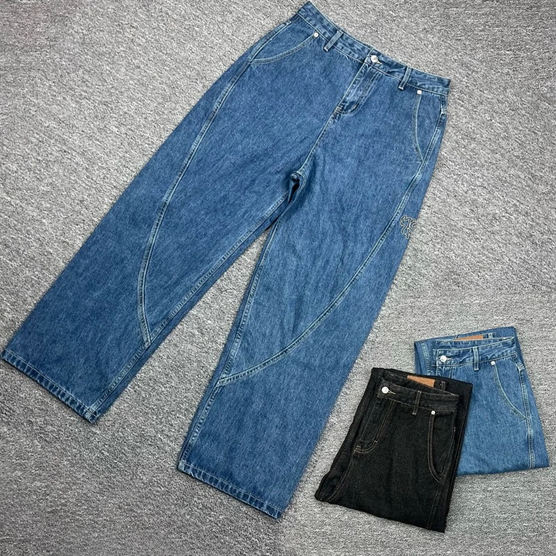 

Summer Trend Mertre Jeans Retro Streetwear Men's High Quality Letter Embroidered Splice Denim Trousers