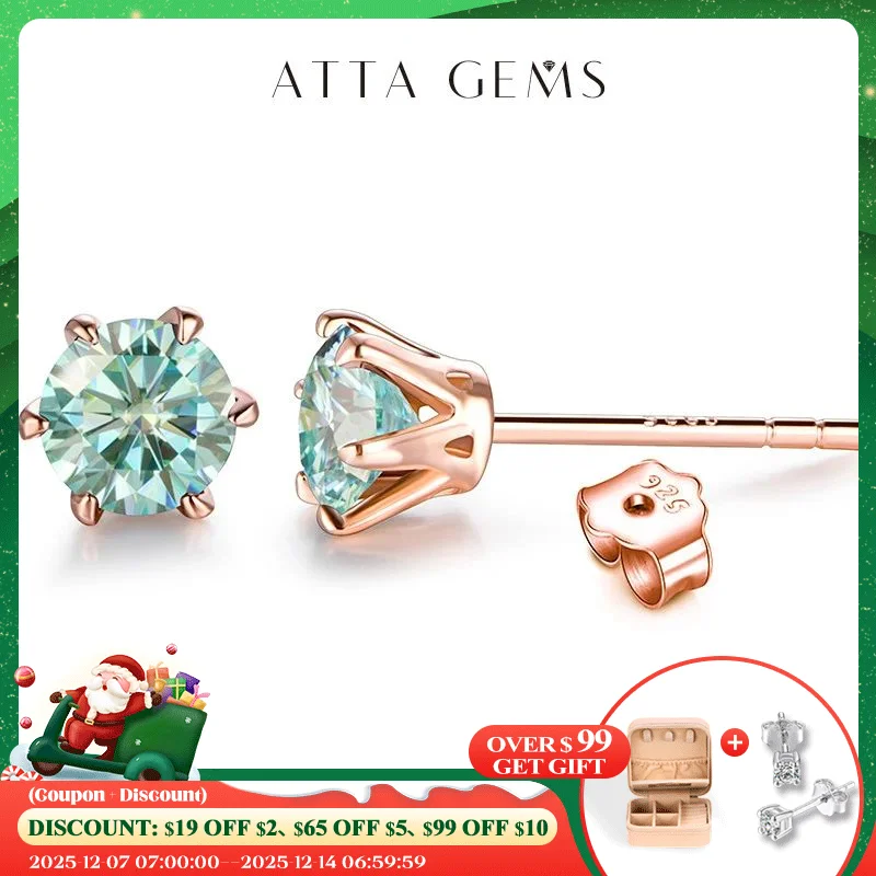 

ATTAGEMS Colored Moissanite Stud Earrings 1ct DVVS1 Round Cut Lab Created Diamond 18K Gold Plated Earring for Women Fine Jewelry