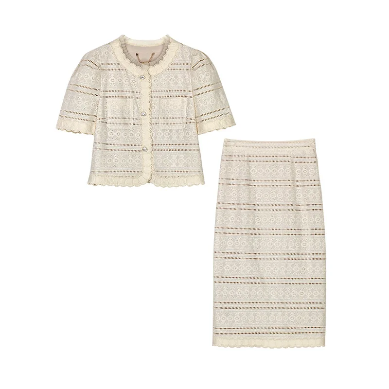 

Summer Women's French Small Fragrance Openwork Lace Temperament Short Sleeve Sweet Blouse Skirt Two-piece Lady Suit