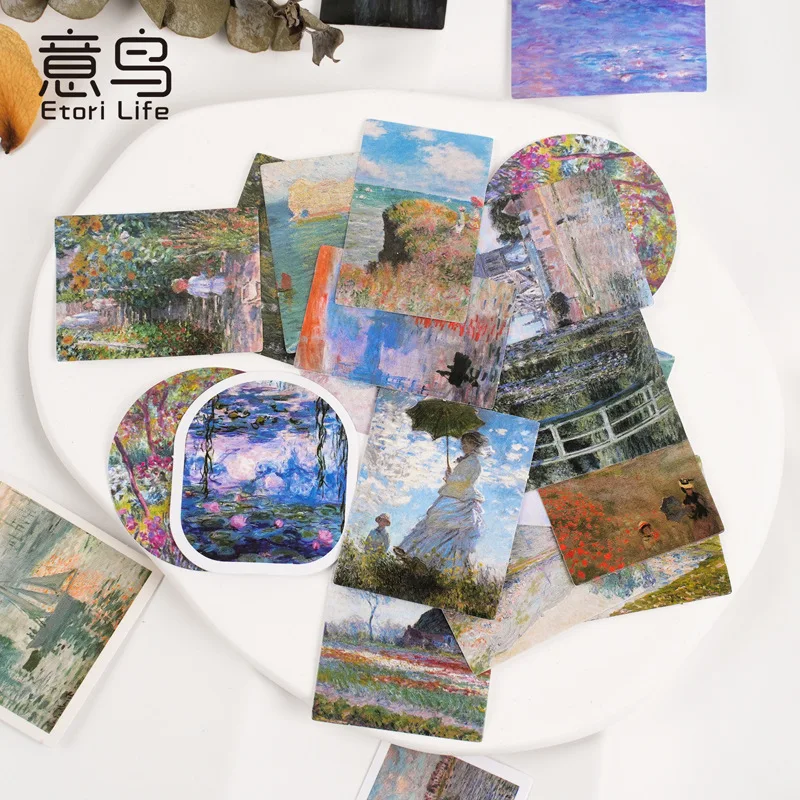 Etori Life 46pcs Monet Oil Painting Box Sticker Student Stationery Sticker Notebook Hand Account Sticker Mobile Phone Sticker