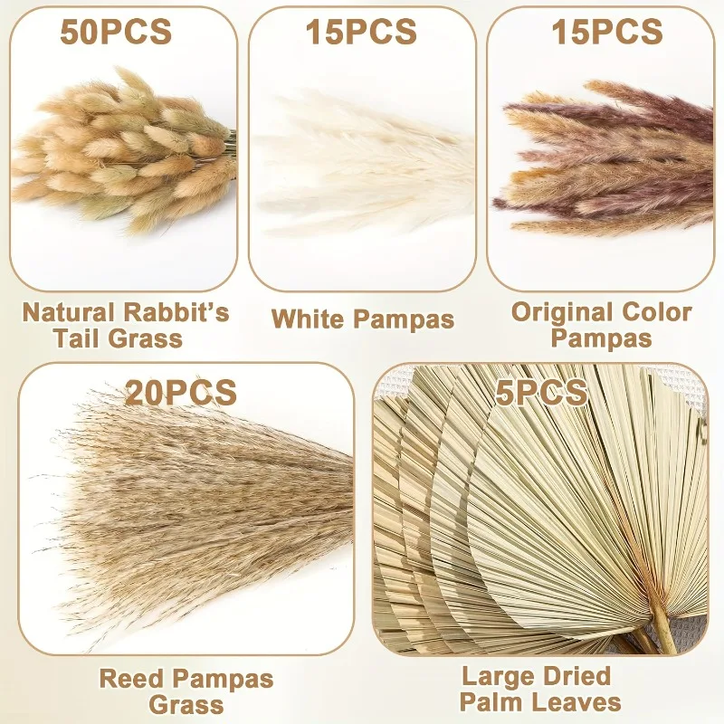 105Pcs Bulk Dried Pampas Grass Set Artificial Flowers Palm Spears Bunny Tails Reed Grass Palm Leaves Boho Home Wedding Decor - view 5