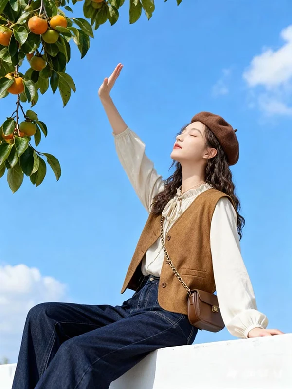 韓国風スレVネックベストとウッドインハイウエストストレートレッグジーンズのツーピースセット、レディースファッション衣装