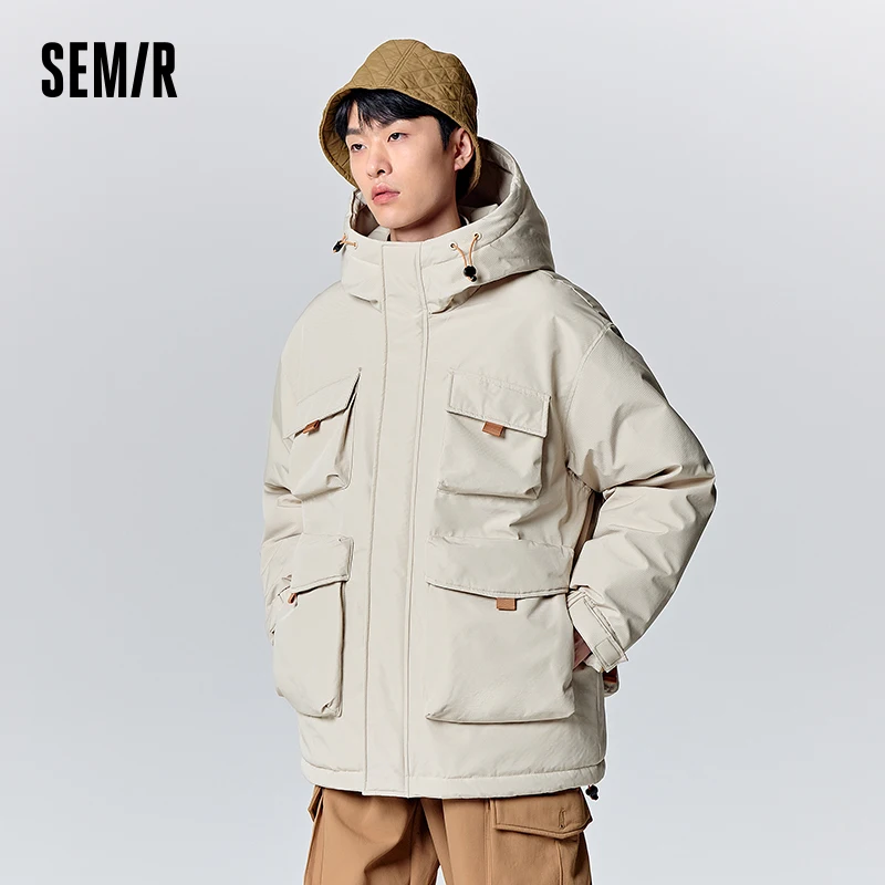 Semir Down Jacket Men 2023 Winter New Casual Multi-Pocket Workwear Style Fashionable Thin Loose Hooded Jacket