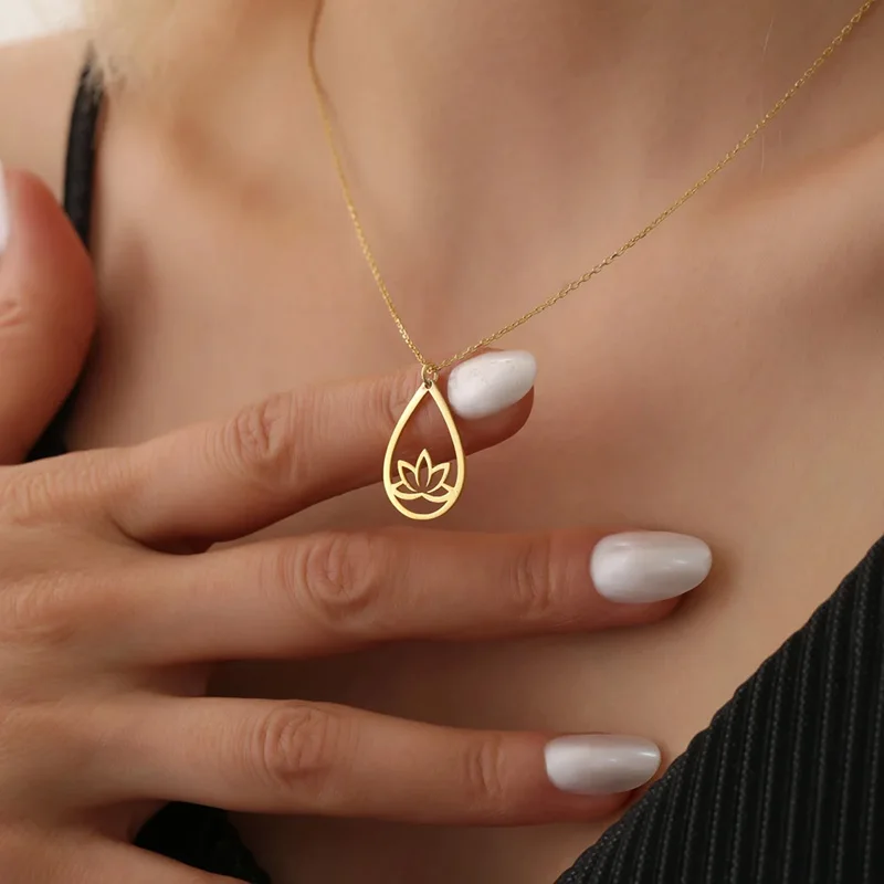 Stainless Steel Lotus Flower Necklace 14K Gold Plated Spiritual Necklaces For Women Yoga Jewelry